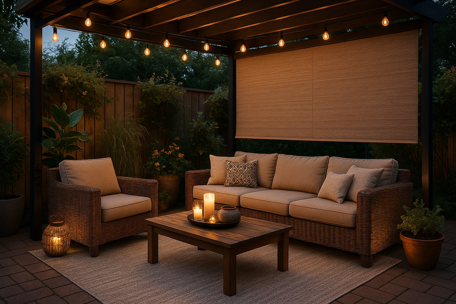outdoor patio setting with a patio blind